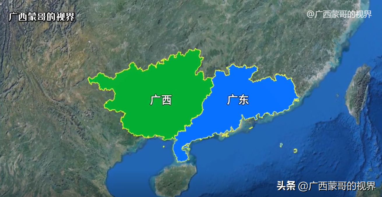 这是现在广西和广东的地图,两者对比,发现广西的海岸线只有那么一丢丢