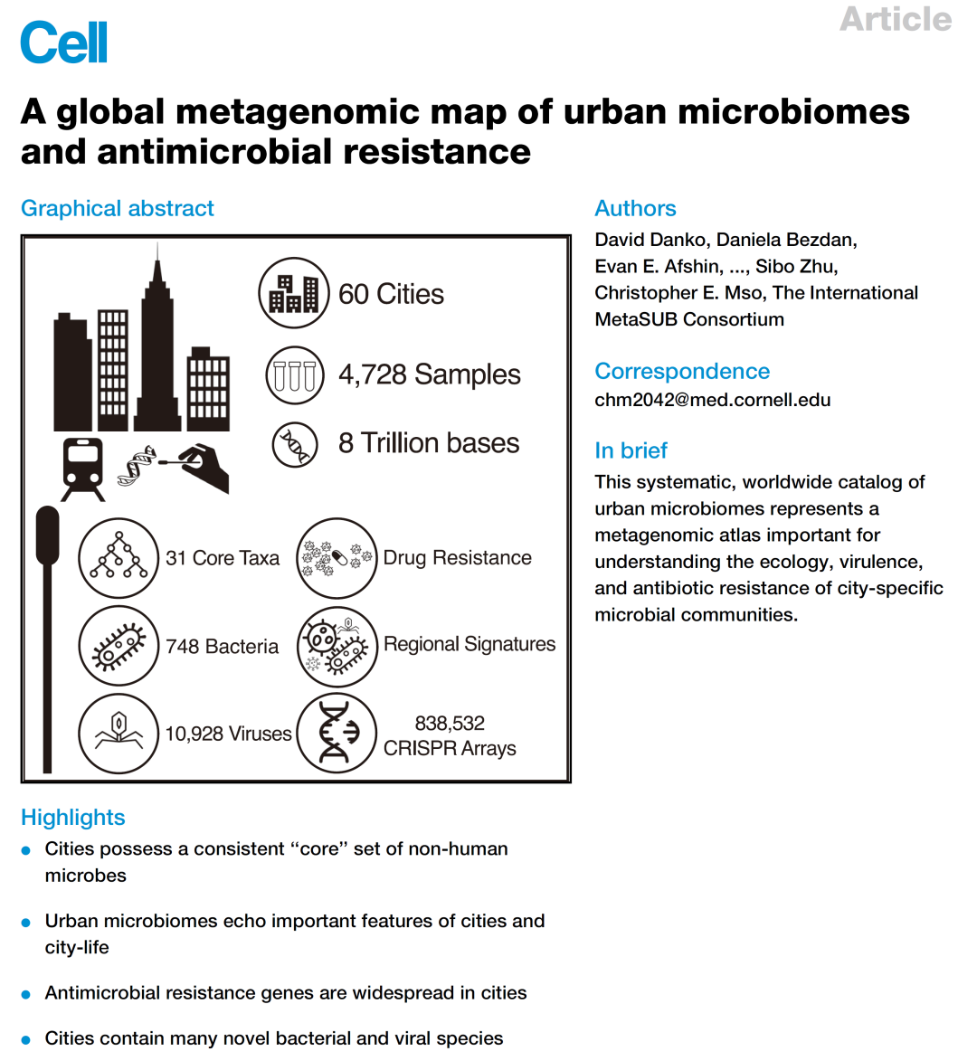 Cell | 首个全球城市菌群图谱