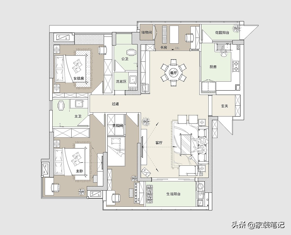 她家的中式风装修，在小区里面堪称经典，色彩、硬装搭配很有品味