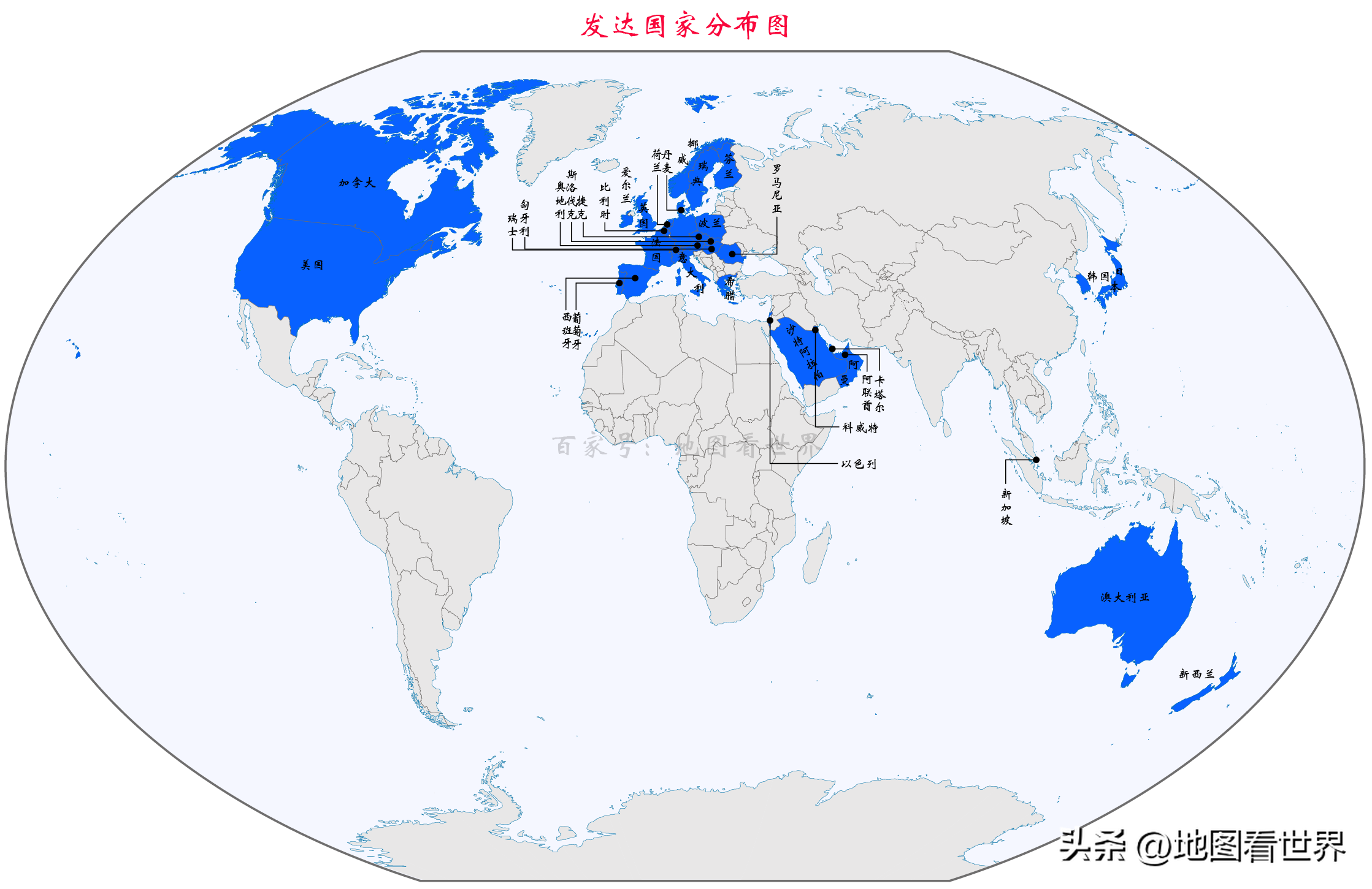 按照上文四个判定标准,世界上共有34个发达国家,其中亚洲9个,欧洲21个