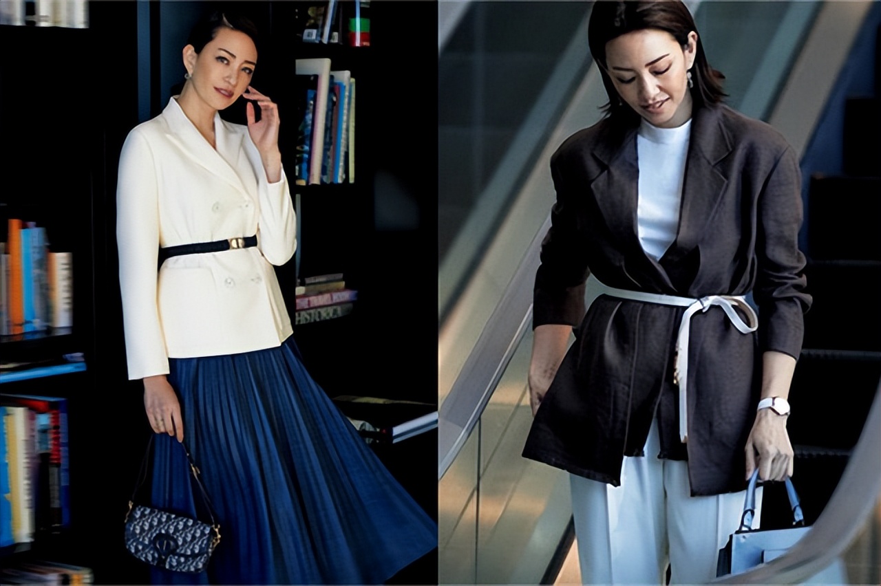 今春流行40+女性通勤服，将简约西装系腰带，瞬间精致又高级