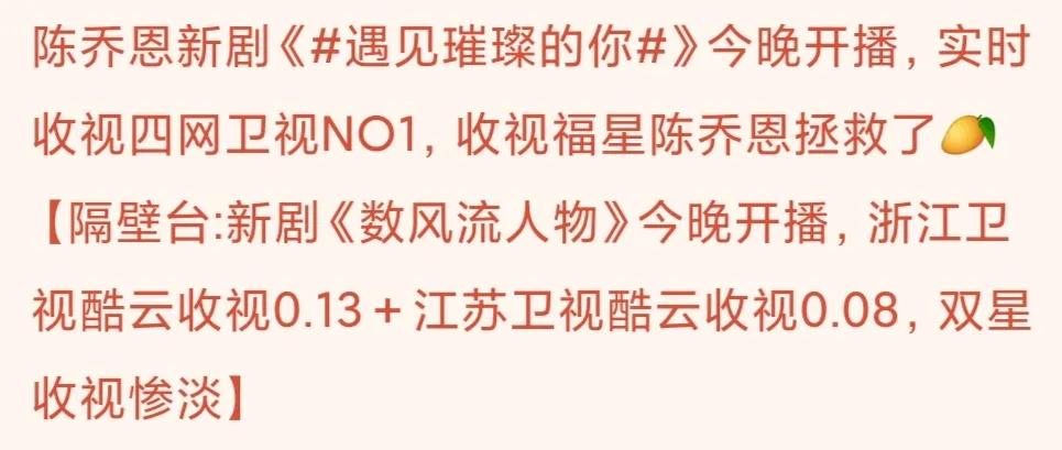 实时收视丨湖南台新剧四网第一，“收视福星”陈乔恩拯救了芒果