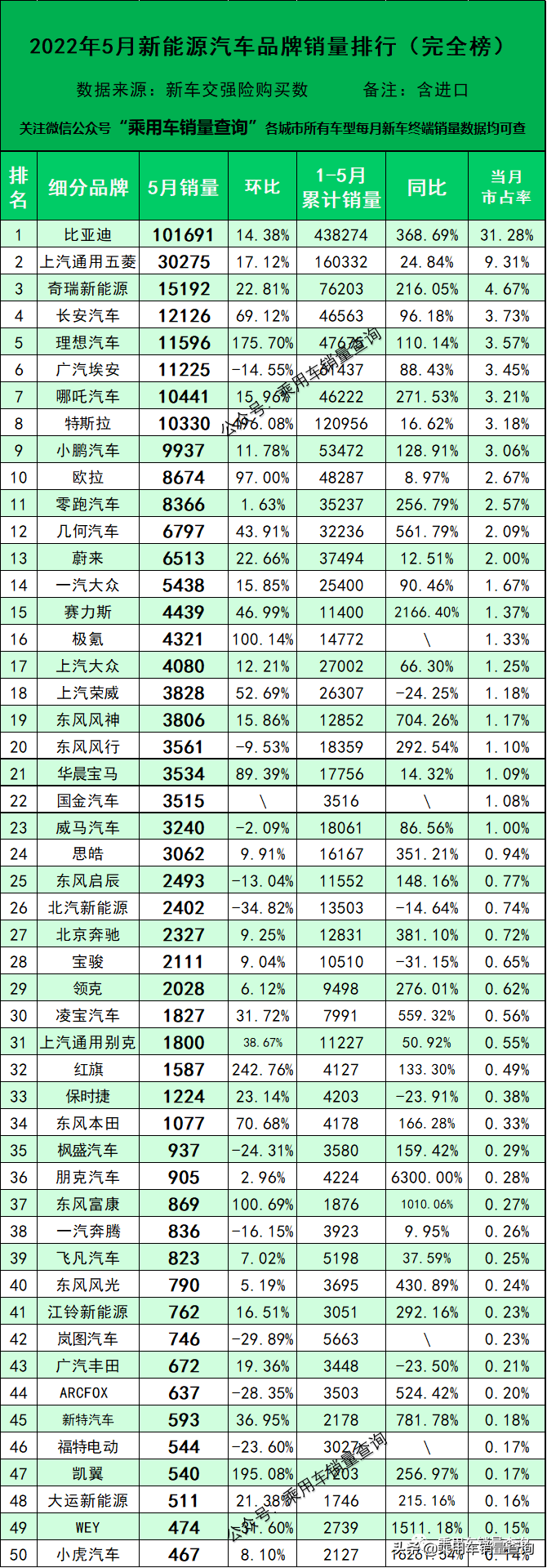 22年5月新能源汽车细分品牌终端销量排行榜