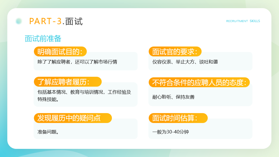 招聘技巧知识培训PPT模板，全内容教学演示课件，套用修改不加班