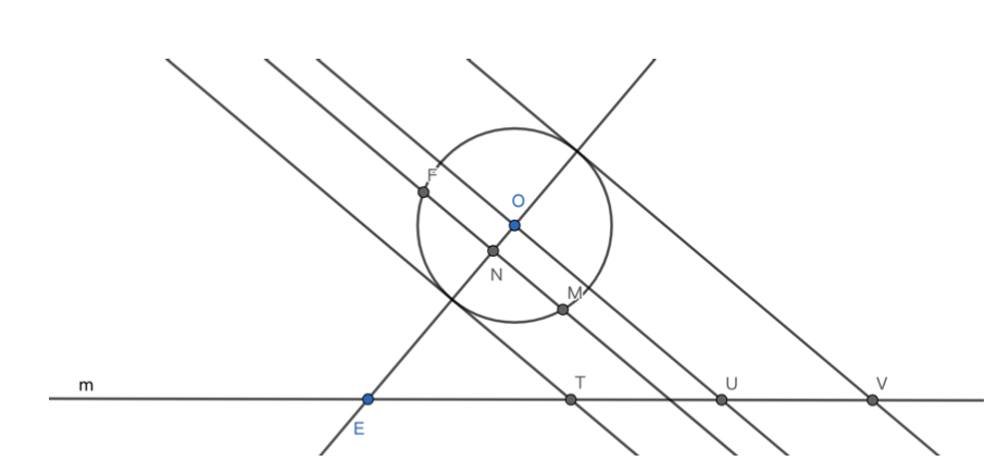 无刻度直尺作图一例，过圆心做圆外直线的平行线