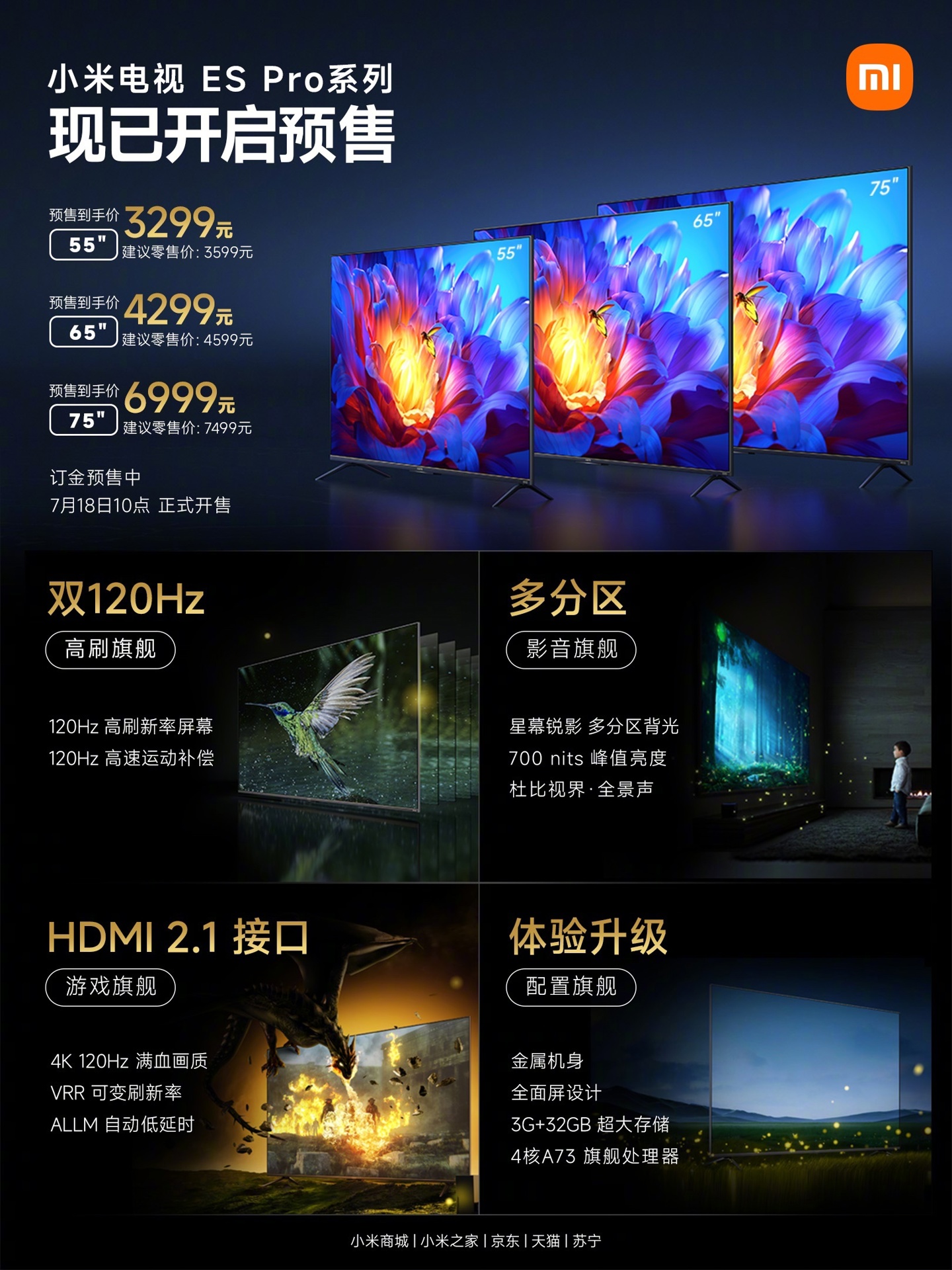 小米电视 ES Pro 推出 55/65/75 英寸版本：支持 HDMI 2.1、VRR等