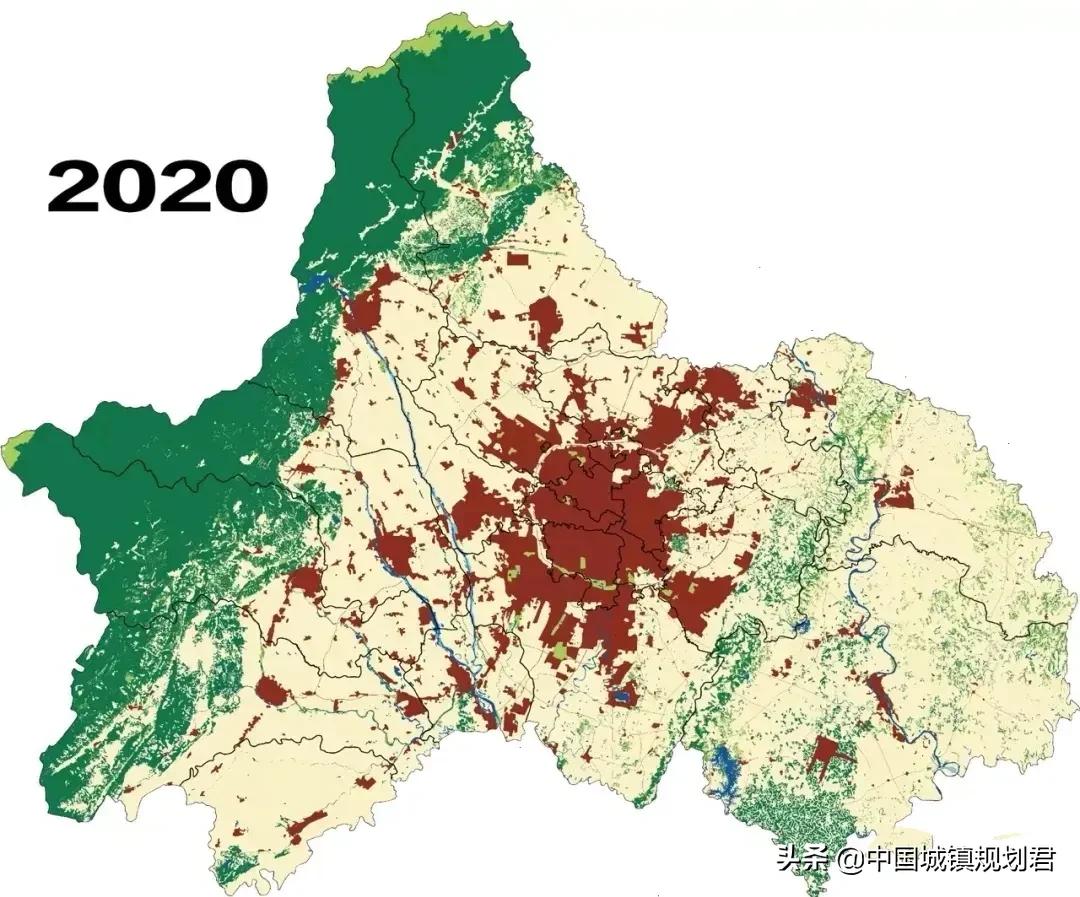 再看看上圖2020年成都市的建成區面積,成都市比2000年大了接近兩倍多.