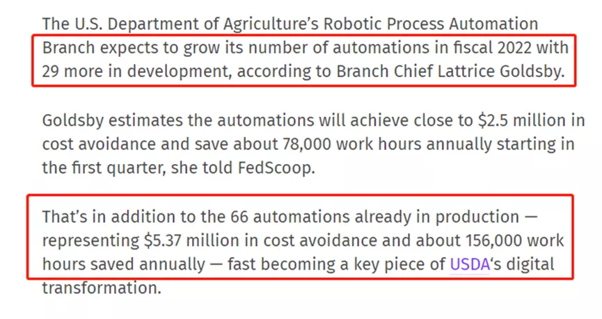 美国农业部：每年节省15万工时，2022年继续增加RPA数量