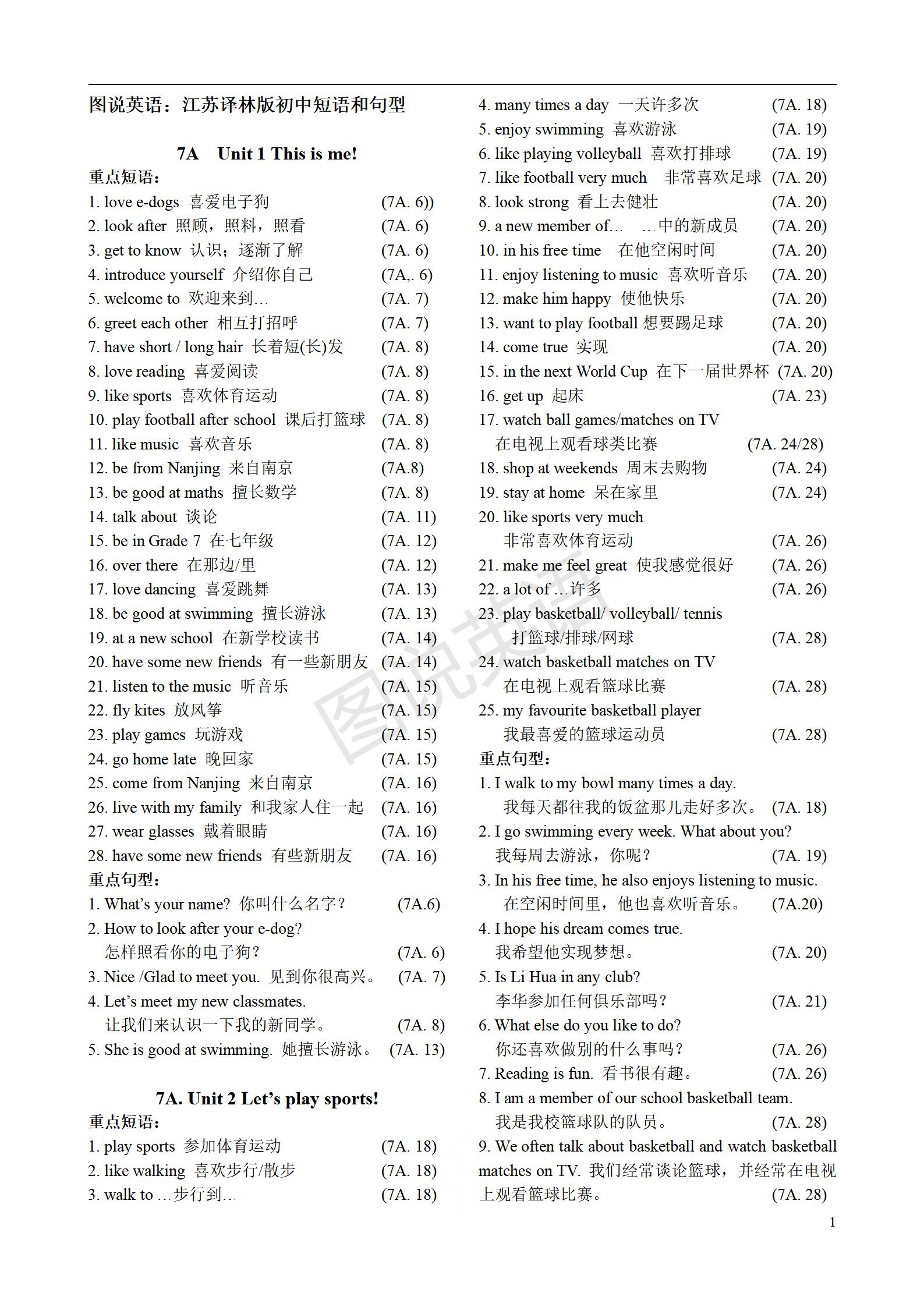 图说英语：江苏译林版英语单词（含音标），短语和句型汇总