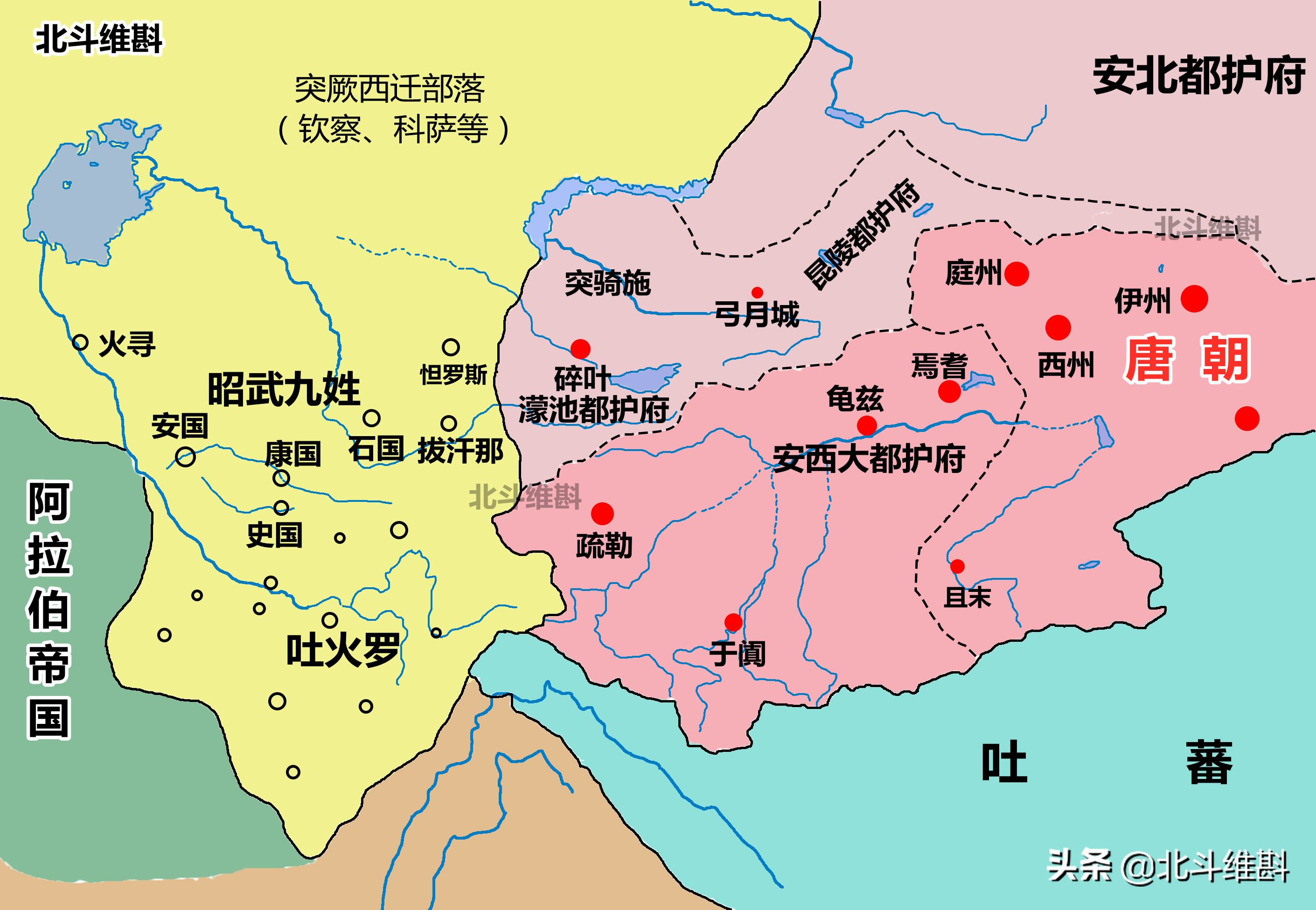 可汗被杀后,以前隶属于西突厥的昭武九姓和吐火罗27国纷纷臣服于唐朝