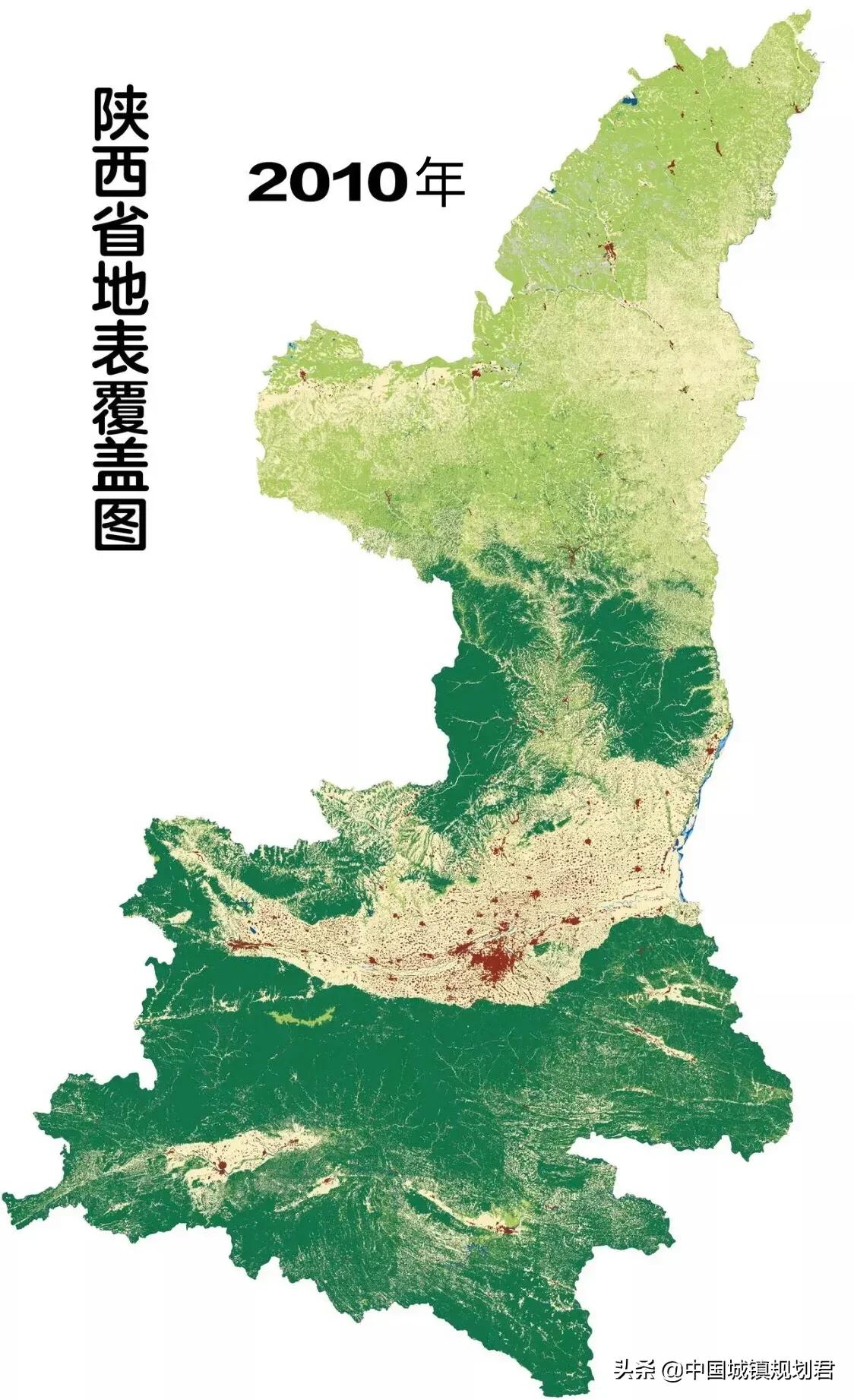 首先来看看陕西省的城镇面积变化,上图是陕西省2000年时的地表覆盖图