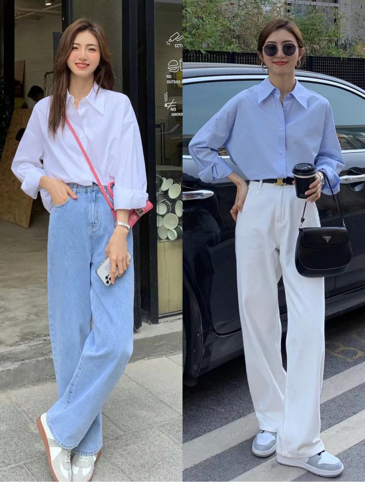 在这段时间里特别适合穿单层的长袖和长裤,衬衫和长裤之间的搭配频率