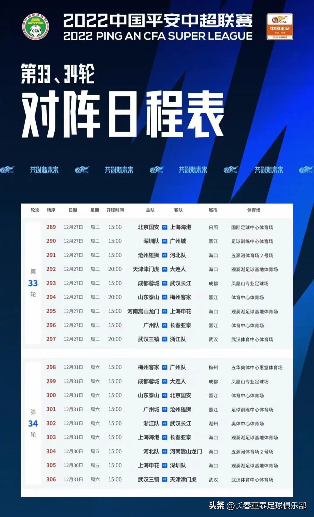 中超联赛最后两轮开球时间确定 长春亚泰27日战广州队、31日战海港