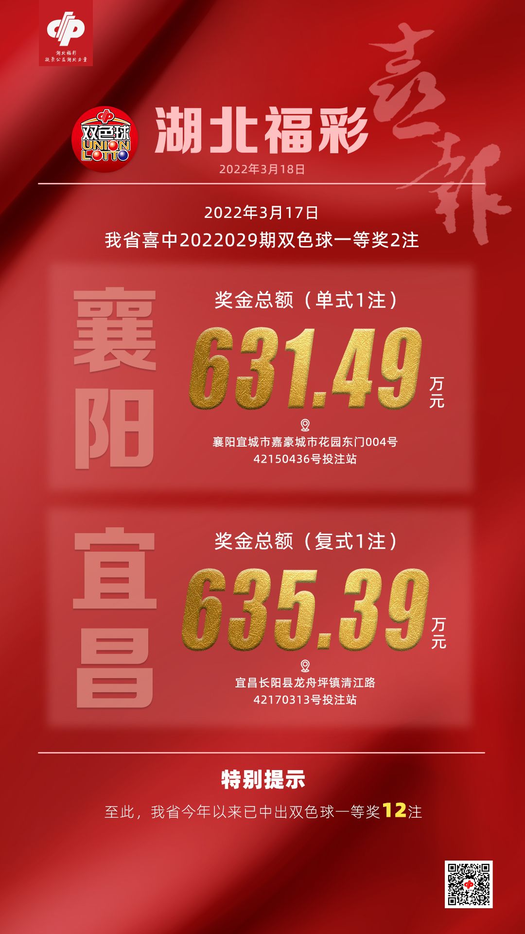 「大奖喜报」双色球2022029期开奖 湖北中出一等奖2注