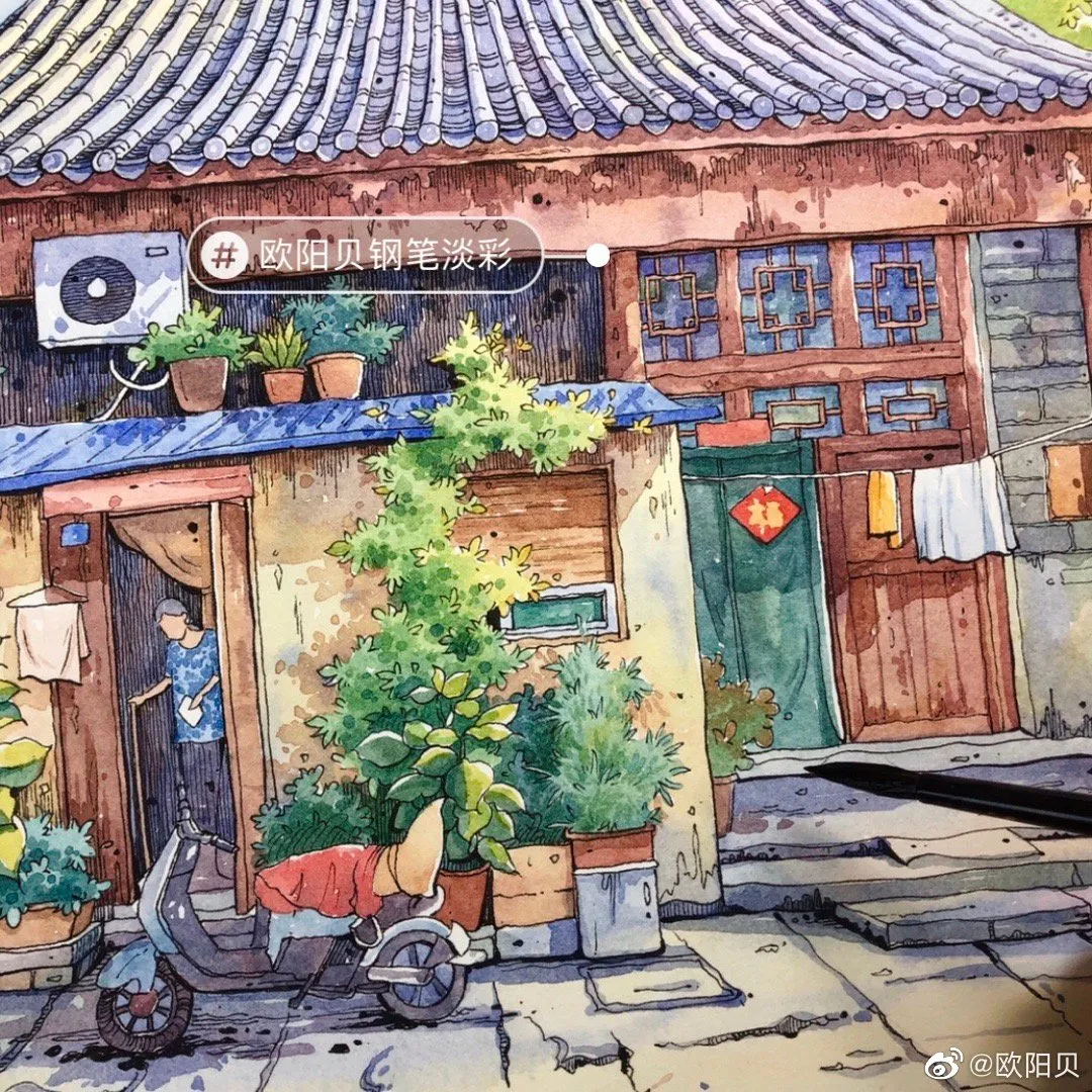 95后美女教你画钢笔淡彩，张张都是精品，构图和配色超棒