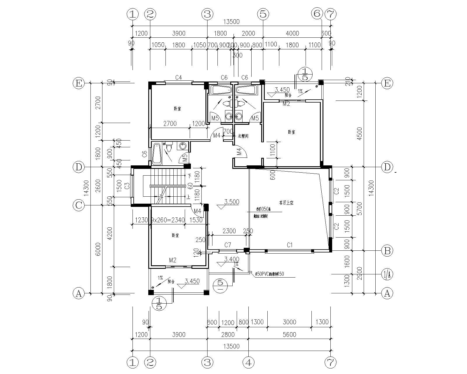 一套三层乡村自建别墅，建筑面积340㎡，内含平面布置图