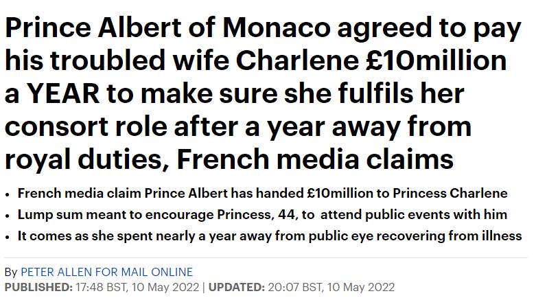 摩纳哥夏琳王妃现身大内幕：丈夫每年给她1200万欧元，陪他出镜？