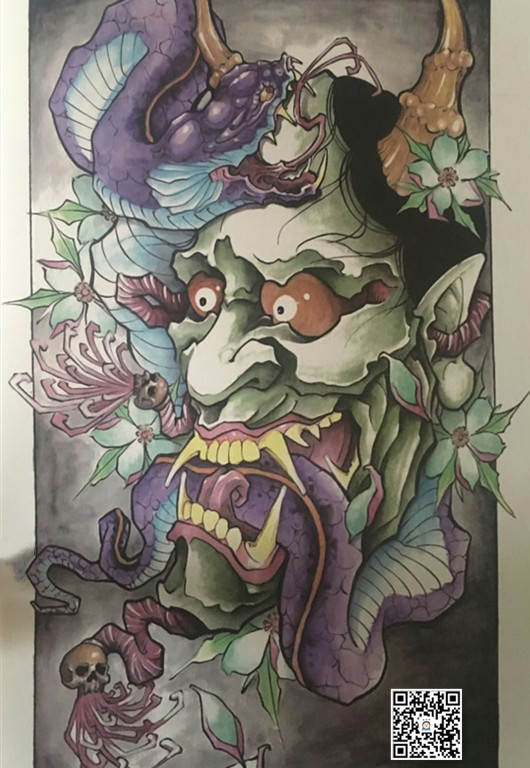 日式满背通体新老传统般若纹身手稿素材