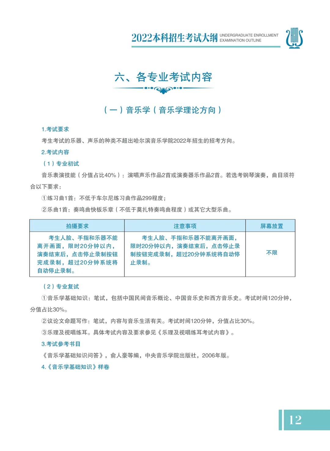 哈尔滨音乐学院2022年本科招生考试大纲