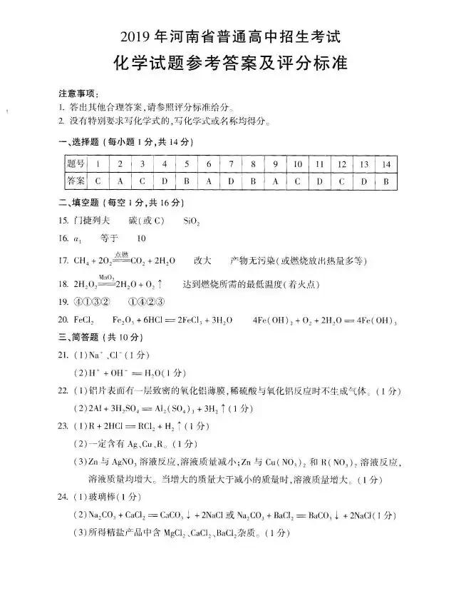 河南历年中考真题——化学试卷（含答案）