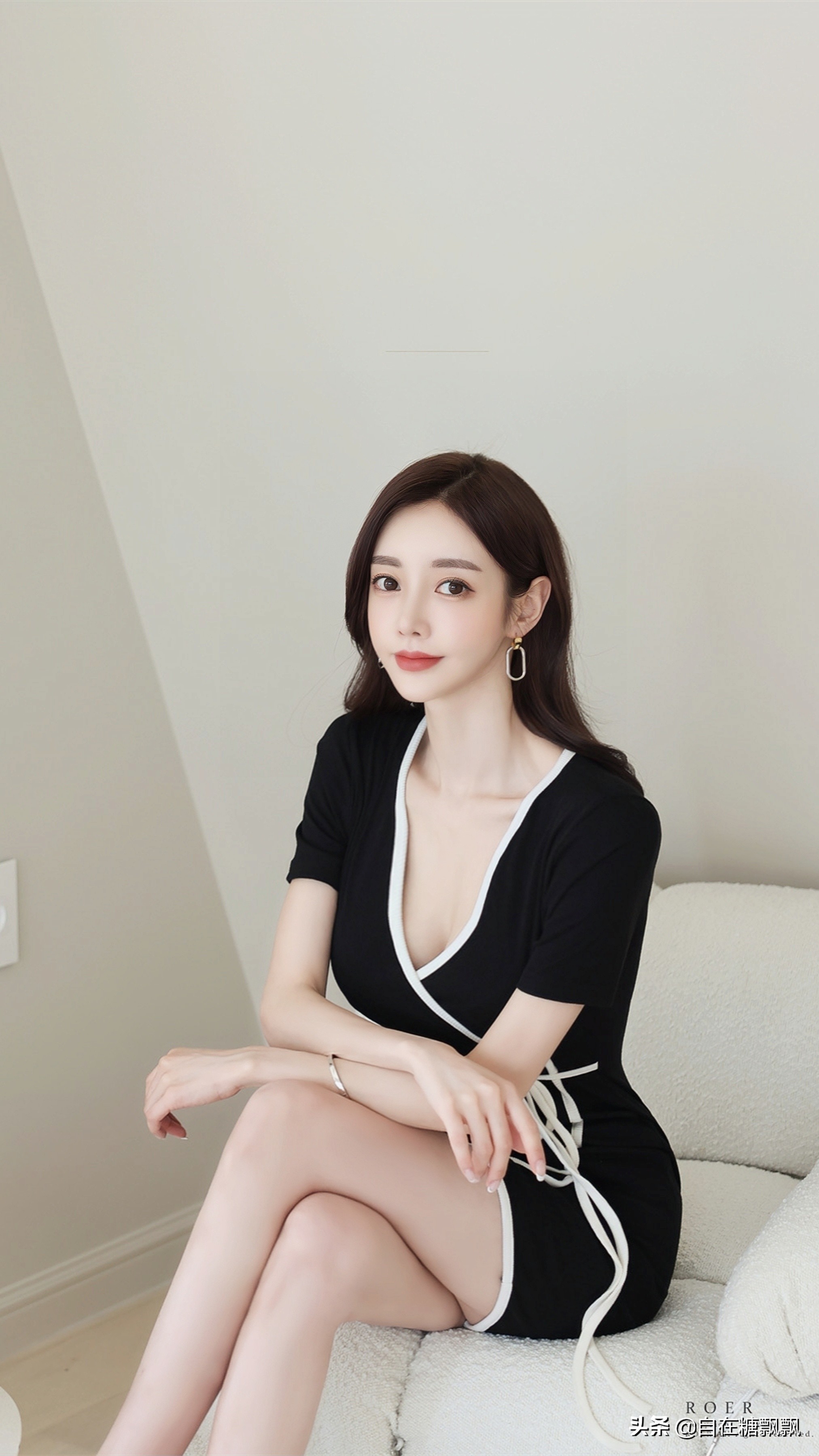 身材超好的模特，穿着黑色优雅深V紧身裙