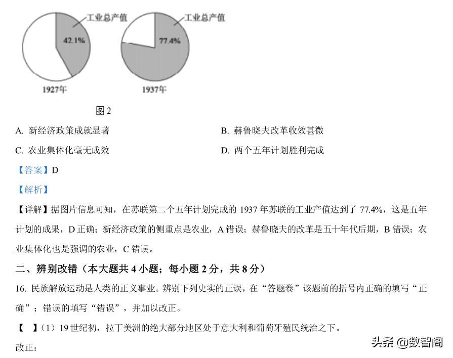 备战2022年中考历史真题模拟（安徽2）+完整答案解析