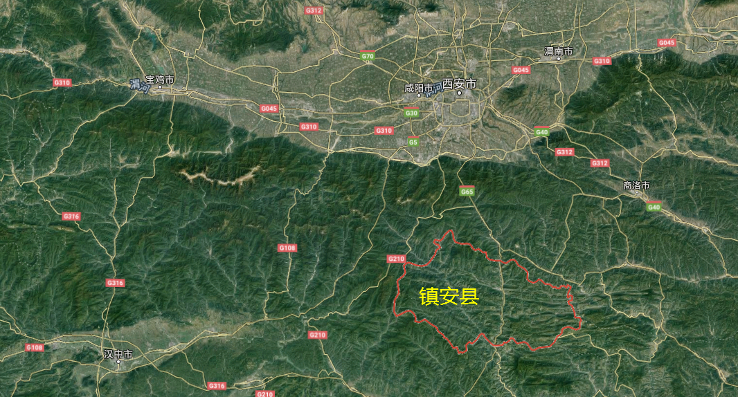 下面卫星图表示了陕西省商洛市镇安县的地形,可以看出图中巨大的关中