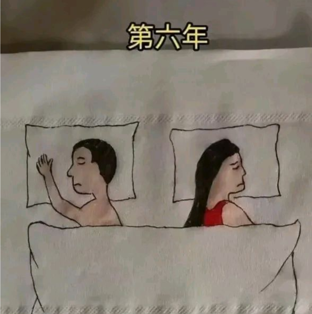 网友用漫画呈现“婚后七年”，从第一年到第七年，睡姿太真实