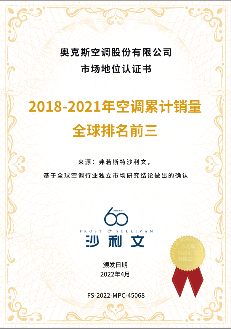 奧克斯空調(diào)2018-2021年空調(diào)累計(jì)銷量全球排名前三
