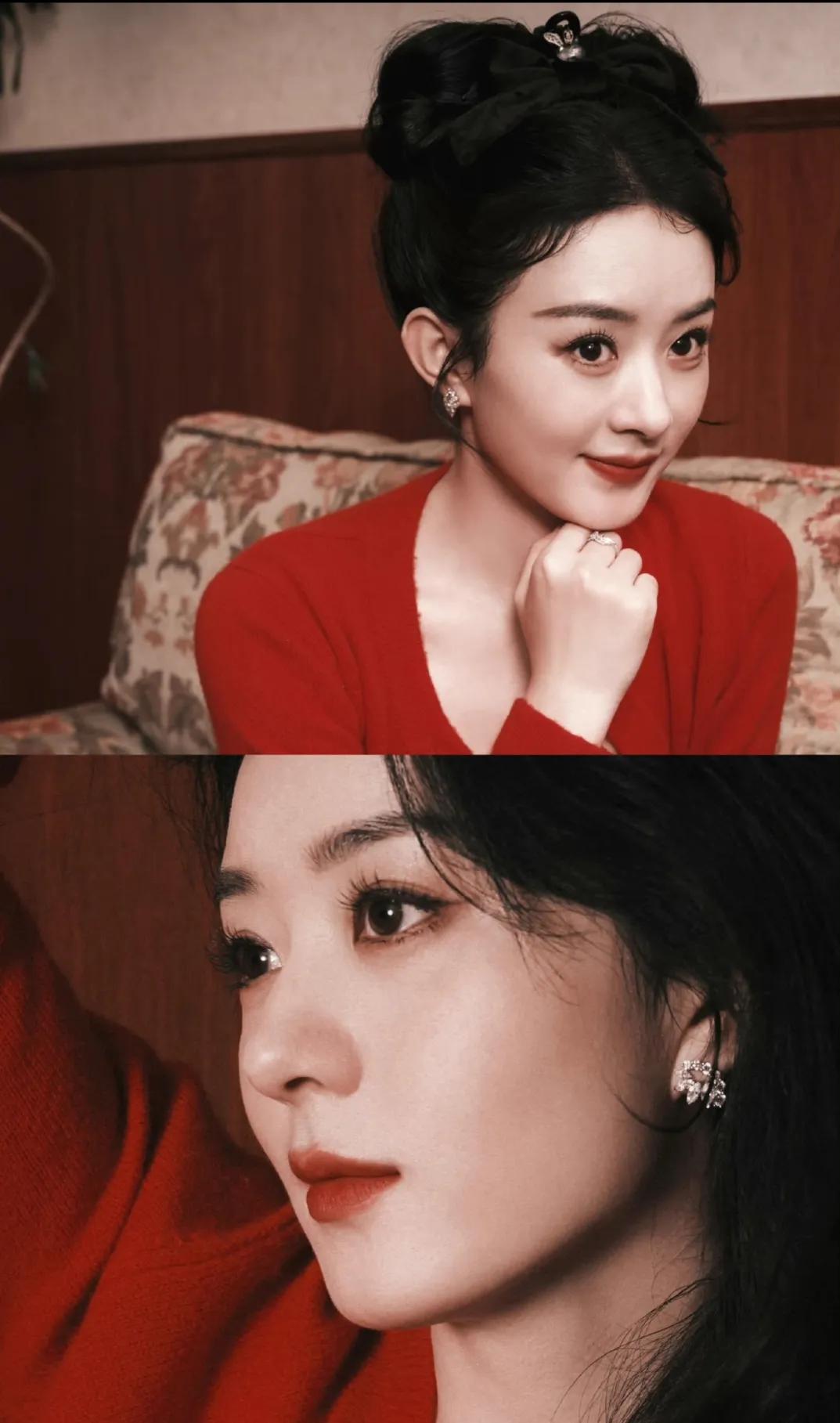 赵丽颖新年福气大片,上演"绝美拆头",拥香甜入怀,印染一身红
