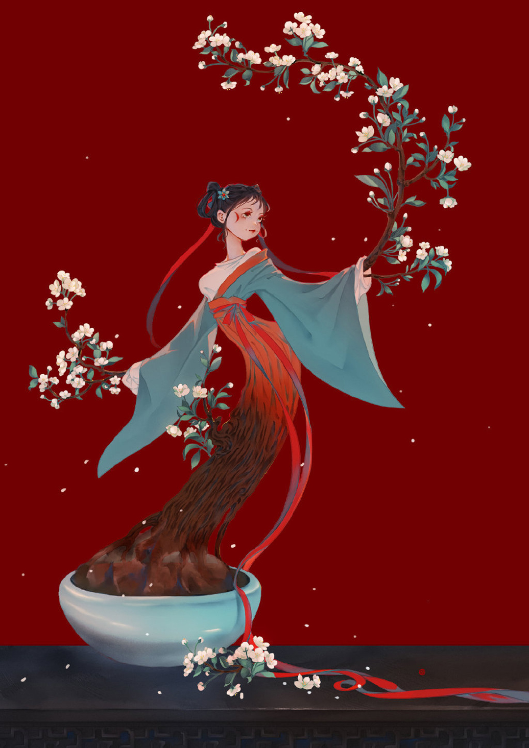 漂亮的古风美少女插画，画面构图简洁，给观者留下更多的遐想