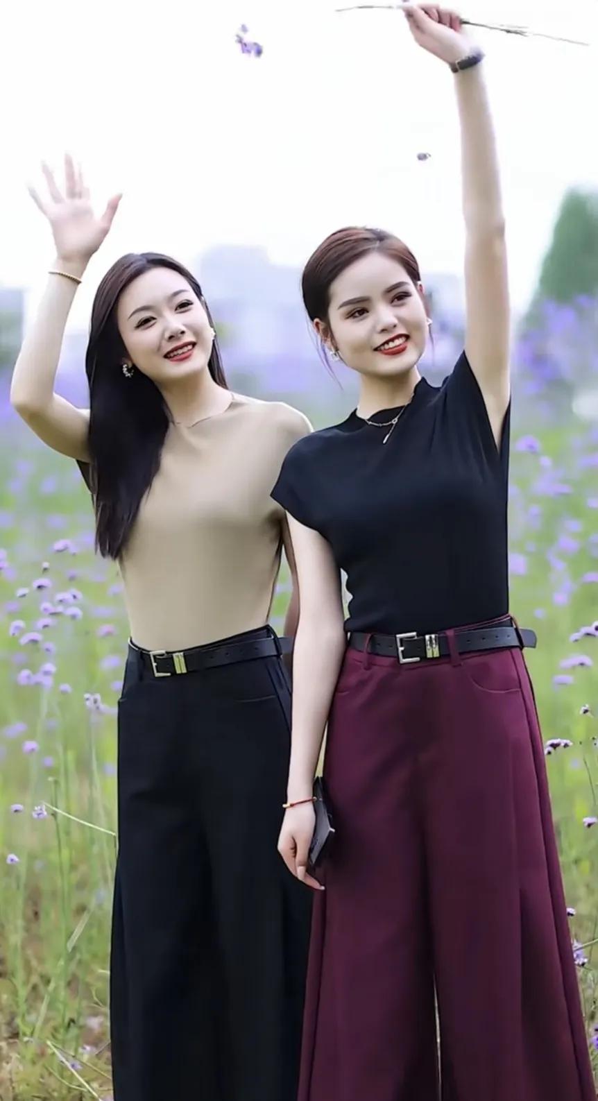 街拍夏天时尚穿搭｜闺蜜穿搭阔腿裤，尽显不同气质
