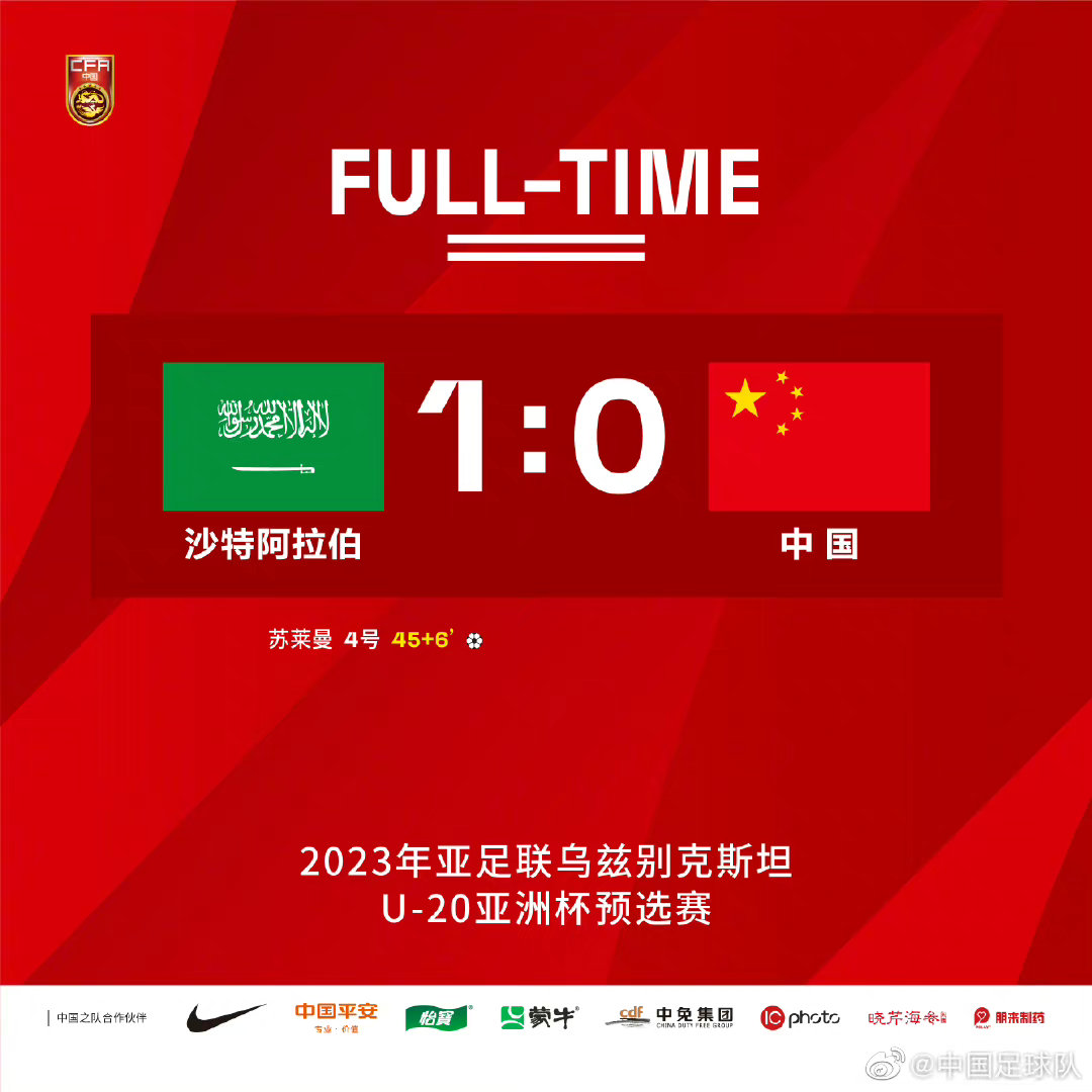 U20亚青赛预赛-中国0-1沙特，以成绩较好小组第2跻身决赛圈