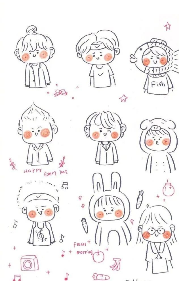 简单好看的超q萌手账简笔画素材//今日份开心