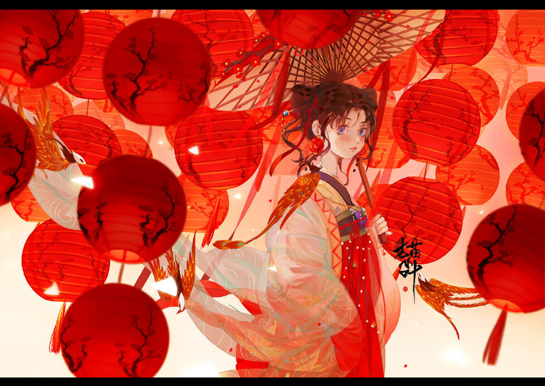 漂亮的古风美少女插画，画面构图简洁，给观者留下更多的遐想