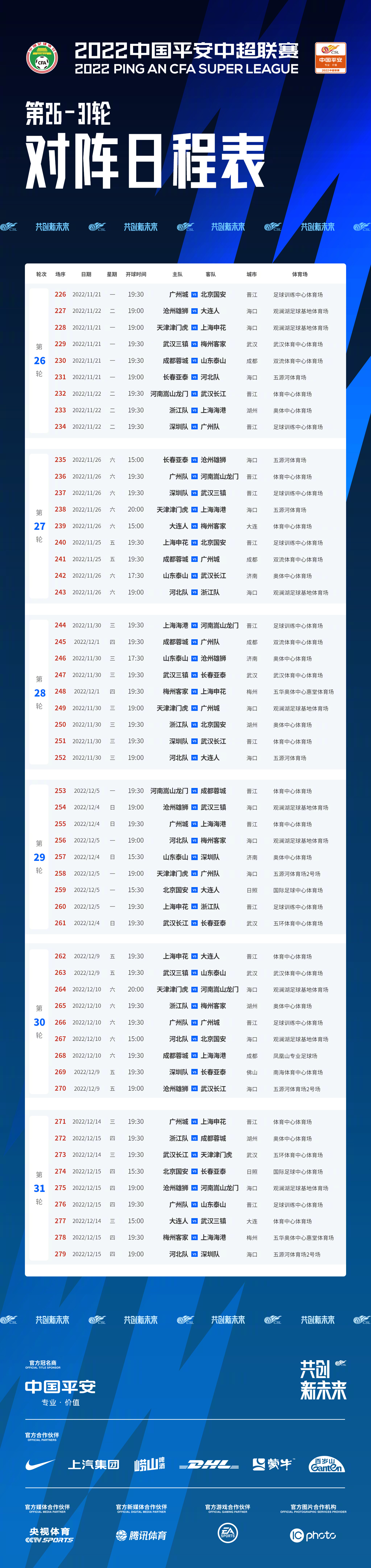中国足球12强赛程表时间(中超公布第26-31轮赛程：世界杯期间不休赛，最后3轮有望年内完赛)