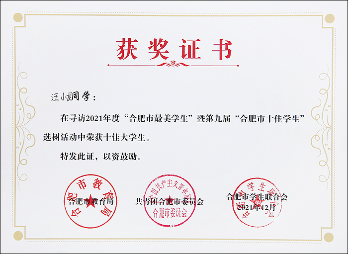 合肥信息技术职业学院学子获“合肥市十佳大学生”“最美大学生”