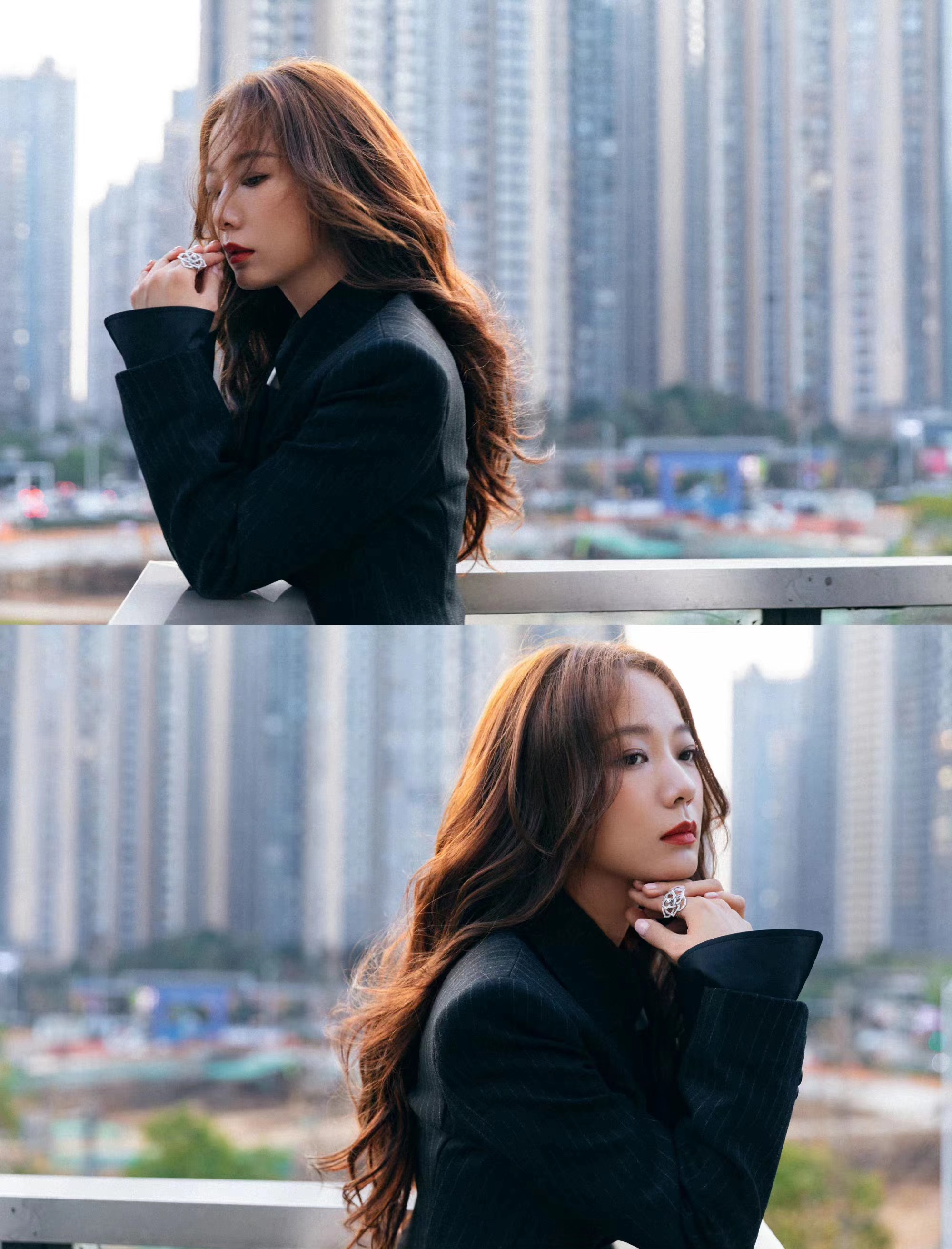 王珞丹条纹西装亮相金鹰节,烫波浪卷长发,女神范十足