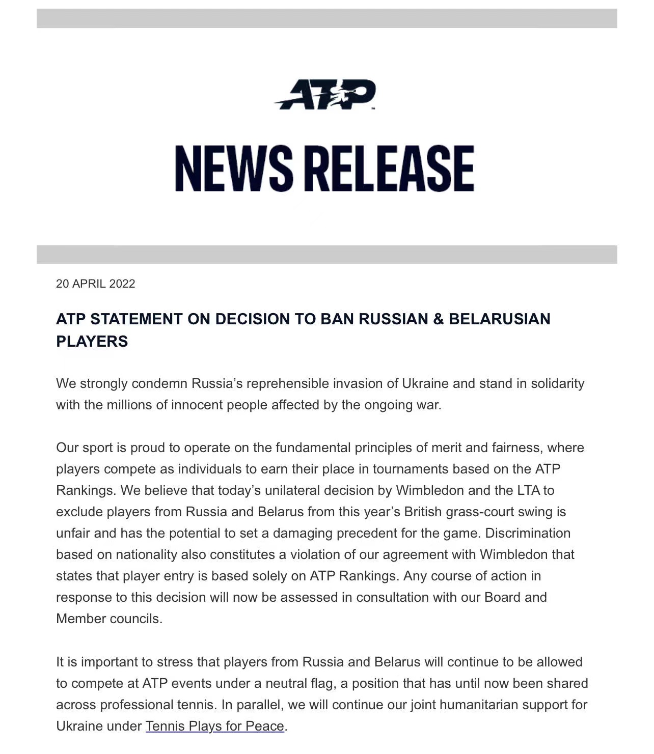 温网禁止俄白球员参赛，ATP硬刚也就是走过场，体政无关就是笑话