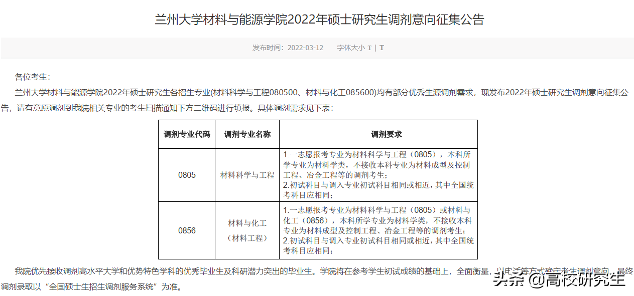 兰州大学19个学院发布2022年考研调剂意向公告，要求本科985高校