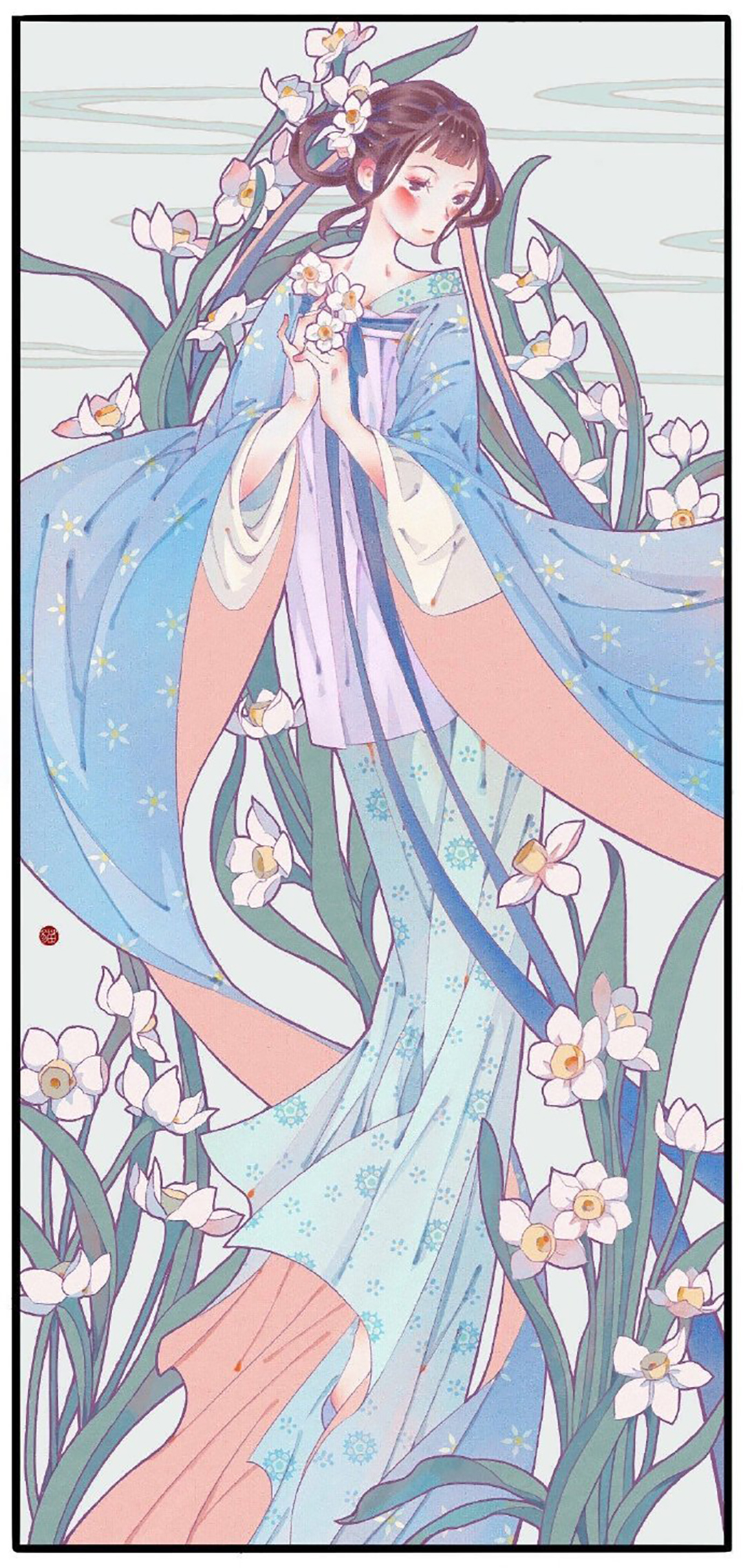 漂亮的古风美少女插画，画面构图简洁，给观者留下更多的遐想
