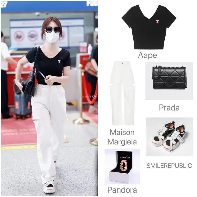 谭松韵昨日的机场私服解析，简约黑白配色，穿得轻松舒适！​​​