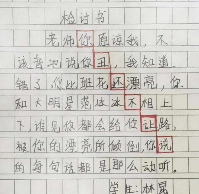 “老师你丑还不让说”，小学生嚣张检讨书走红，老师气得脸都绿了