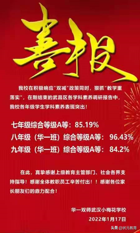 部分中小学期末考试分数等级出炉，武珞路实验等12所学校发布喜报