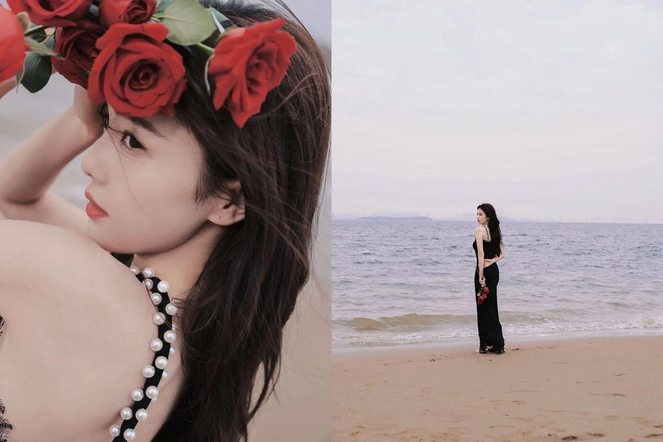 白鹿黑色吊带长裙海边大片