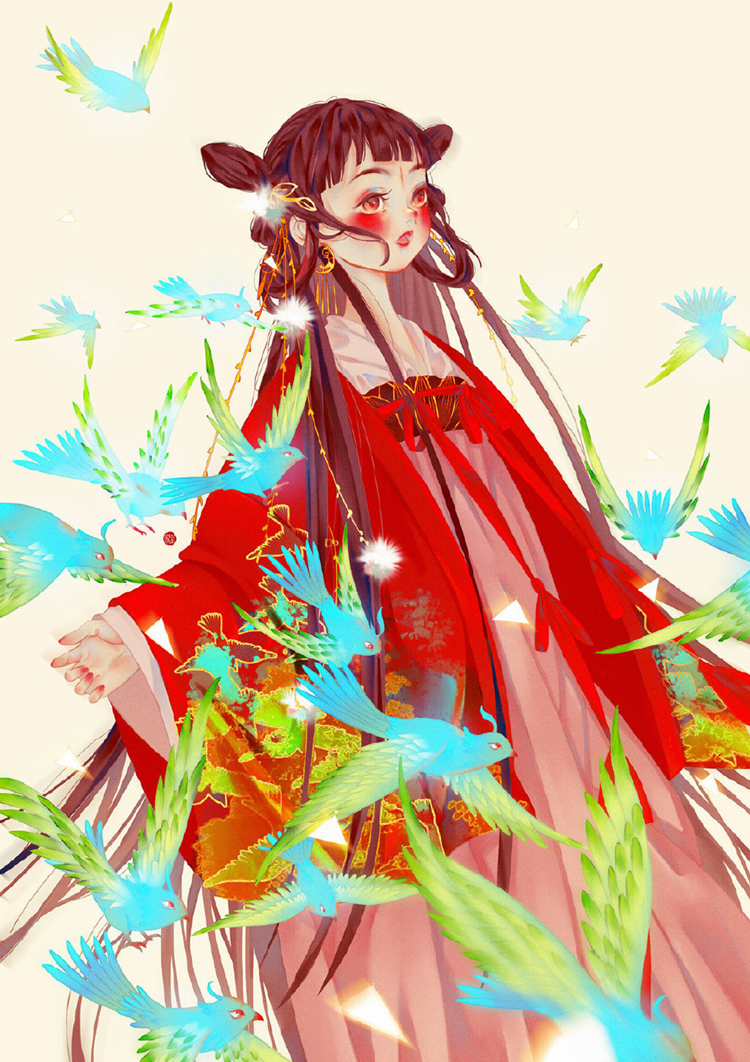 漂亮的古风美少女插画，画面构图简洁，给观者留下更多的遐想