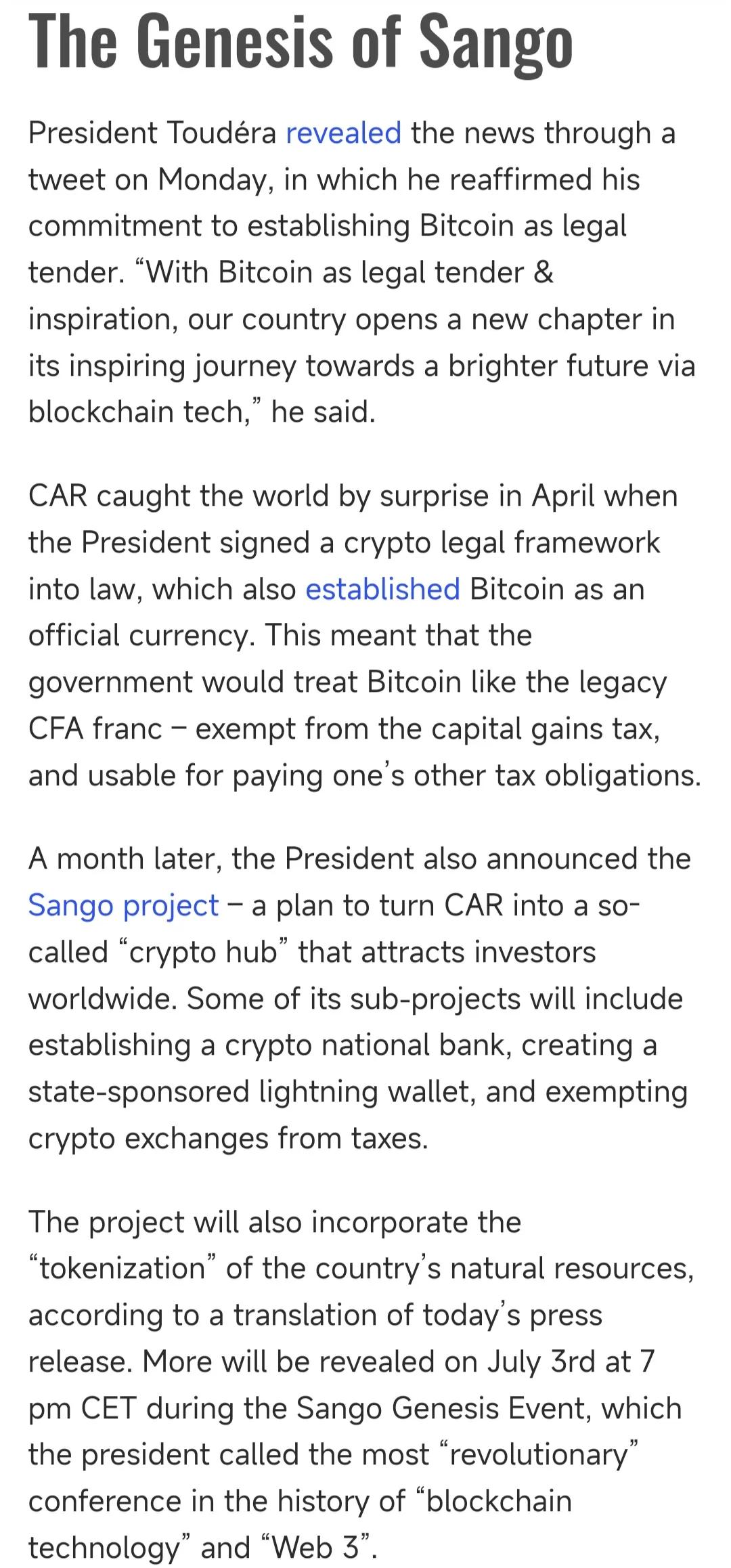 中非共和国（CAR)总统宣布将在7月3号开启加密中心“Sango”项目