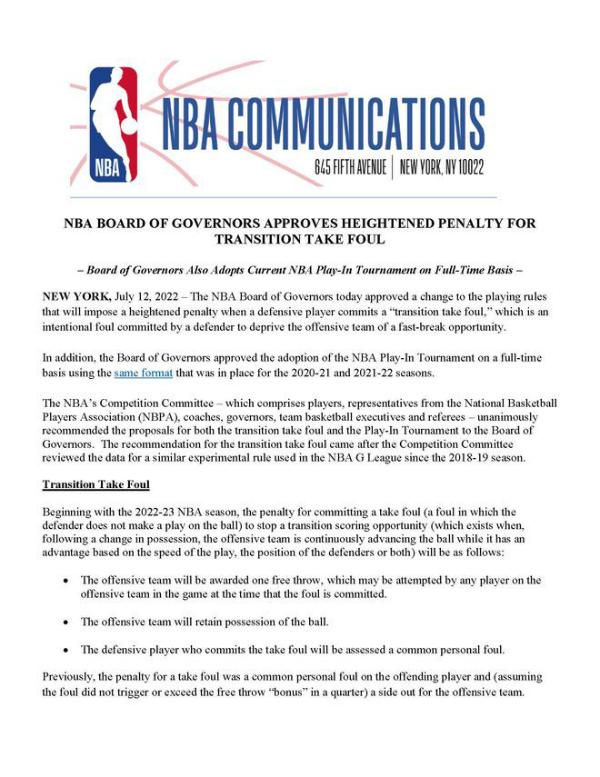 NBA公布新规则：设置“快攻犯规”，并将永久保留附加赛