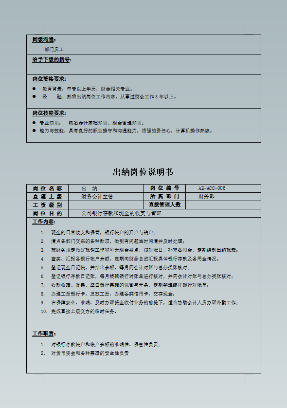 财务部全套岗位说明书，从出纳到总监应有尽有，助你捋清财务工作