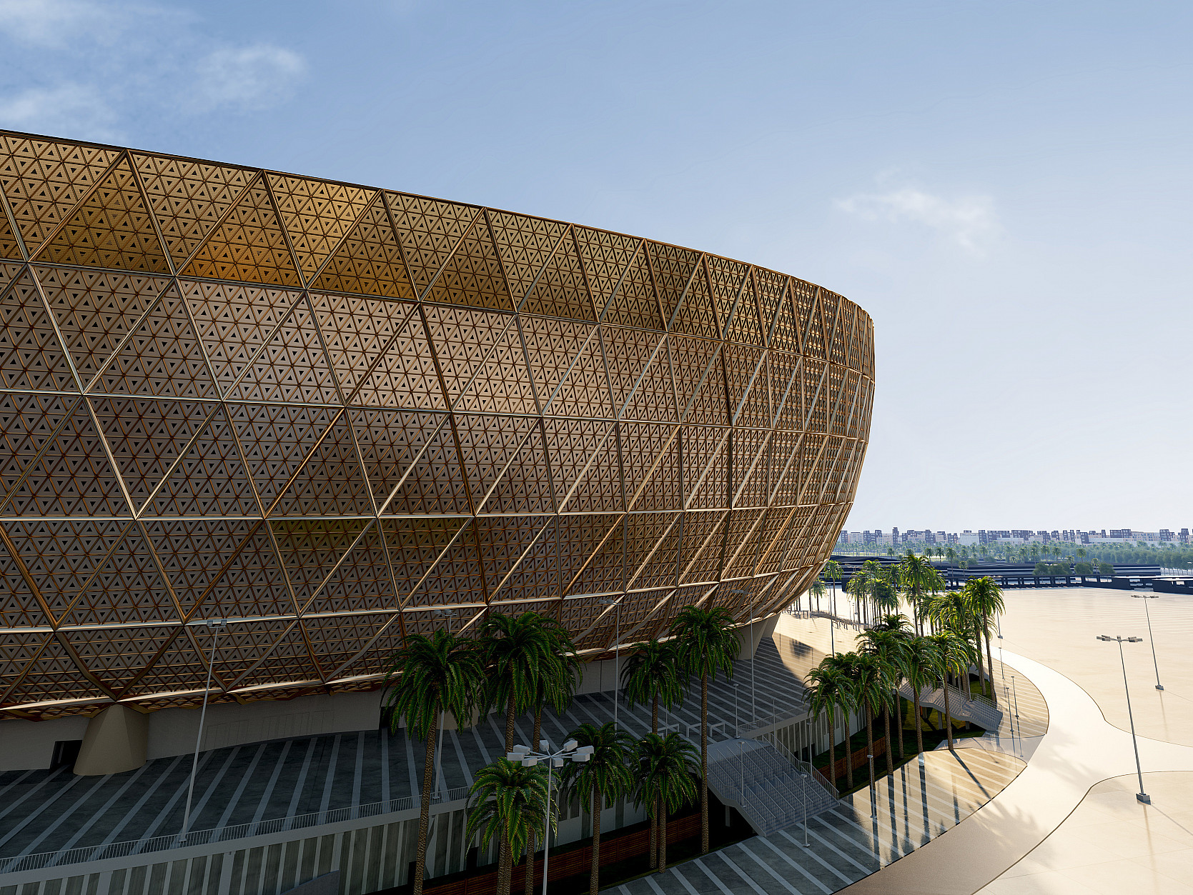 场馆由foster partners设计,借鉴了阿拉伯建筑,以伊斯兰椰枣碗和珐琅